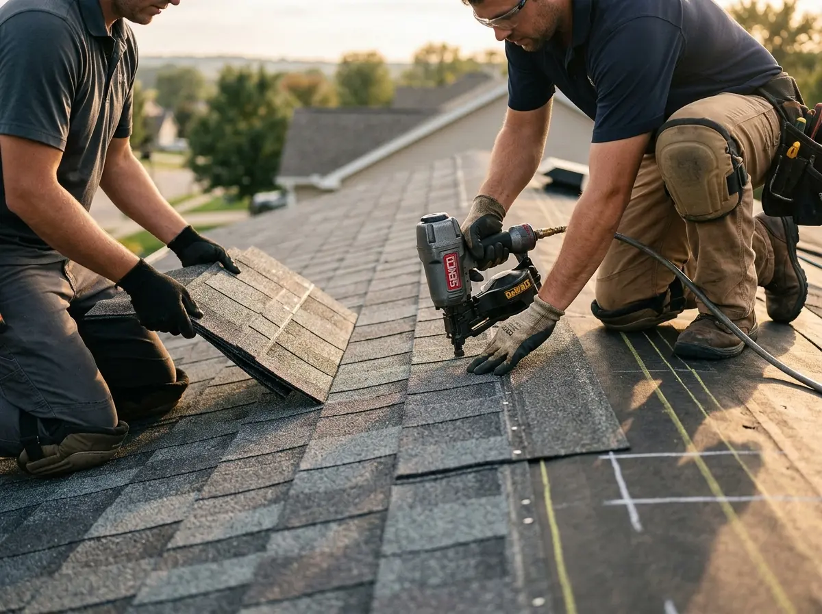 Professional roofer working on a residential roof in North Chicago